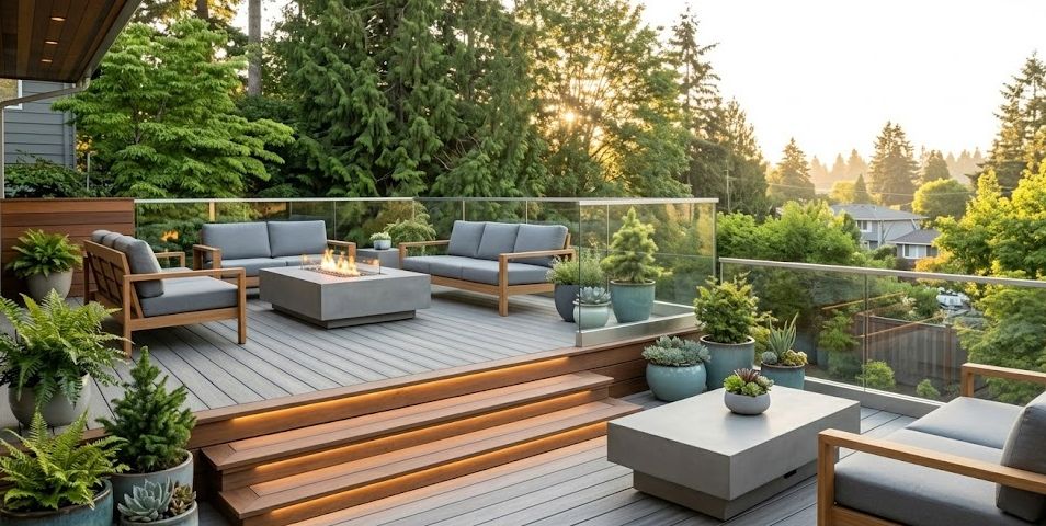 High-quality photograph taken during the golden hour, showing a beautiful, finished multi-level Seattle deck designed for climate resilience, featuring integrated LED lighting.